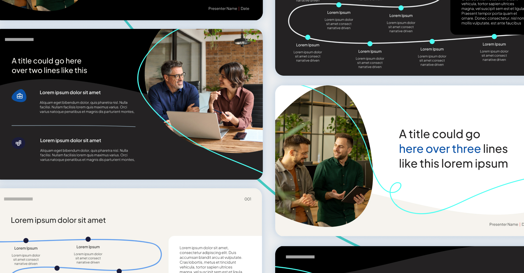 Custom PowerPoint template layouts in matching light and dark styles, showing PowerPoint template best practices in action