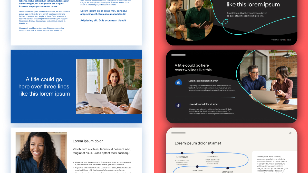Two custom PowerPoint template designs side by side, showing title, image, content and timeline layouts