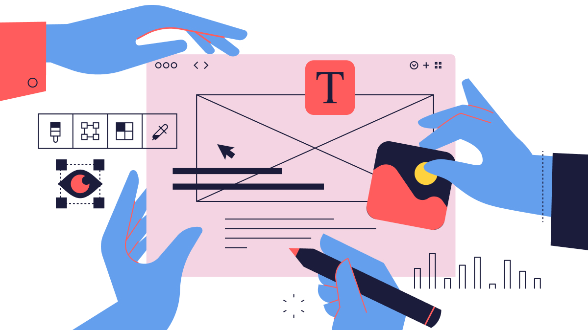 Illustration of several hands adding text, images and design tools to one slide, representing a team working from the same template